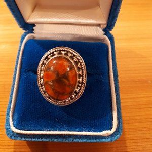 Ring - Sterling Silver with Gorgeous Orange Marbled Stone - Sz. 6